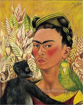 Frida Kahlo Painting - Self Portrait with Monkey and Parrot feminism Frida Kahlo